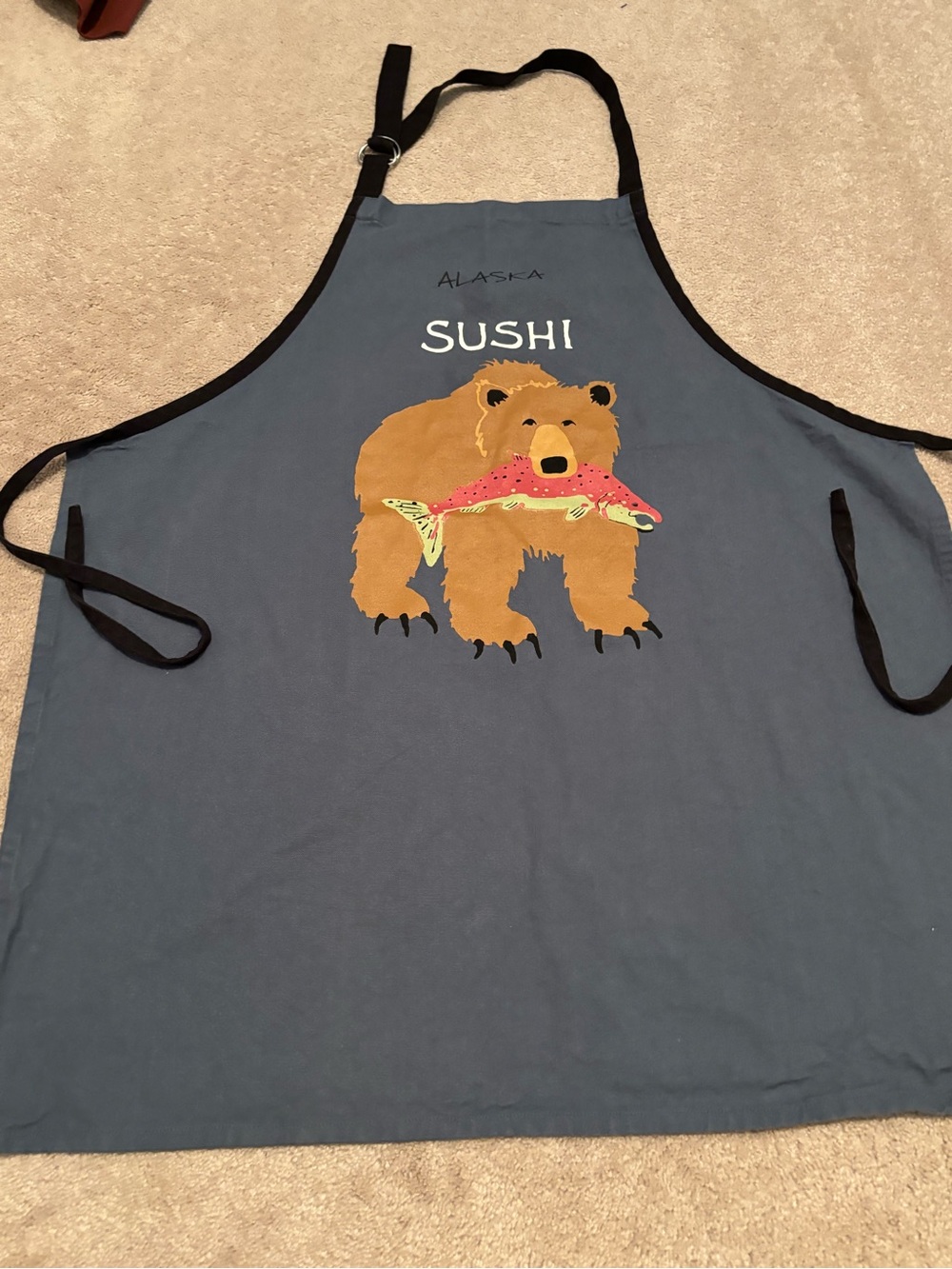 Little Blue House Hatley Alaska Grizzly Bear Slate Blue Cotton Apron Salmon NWOT